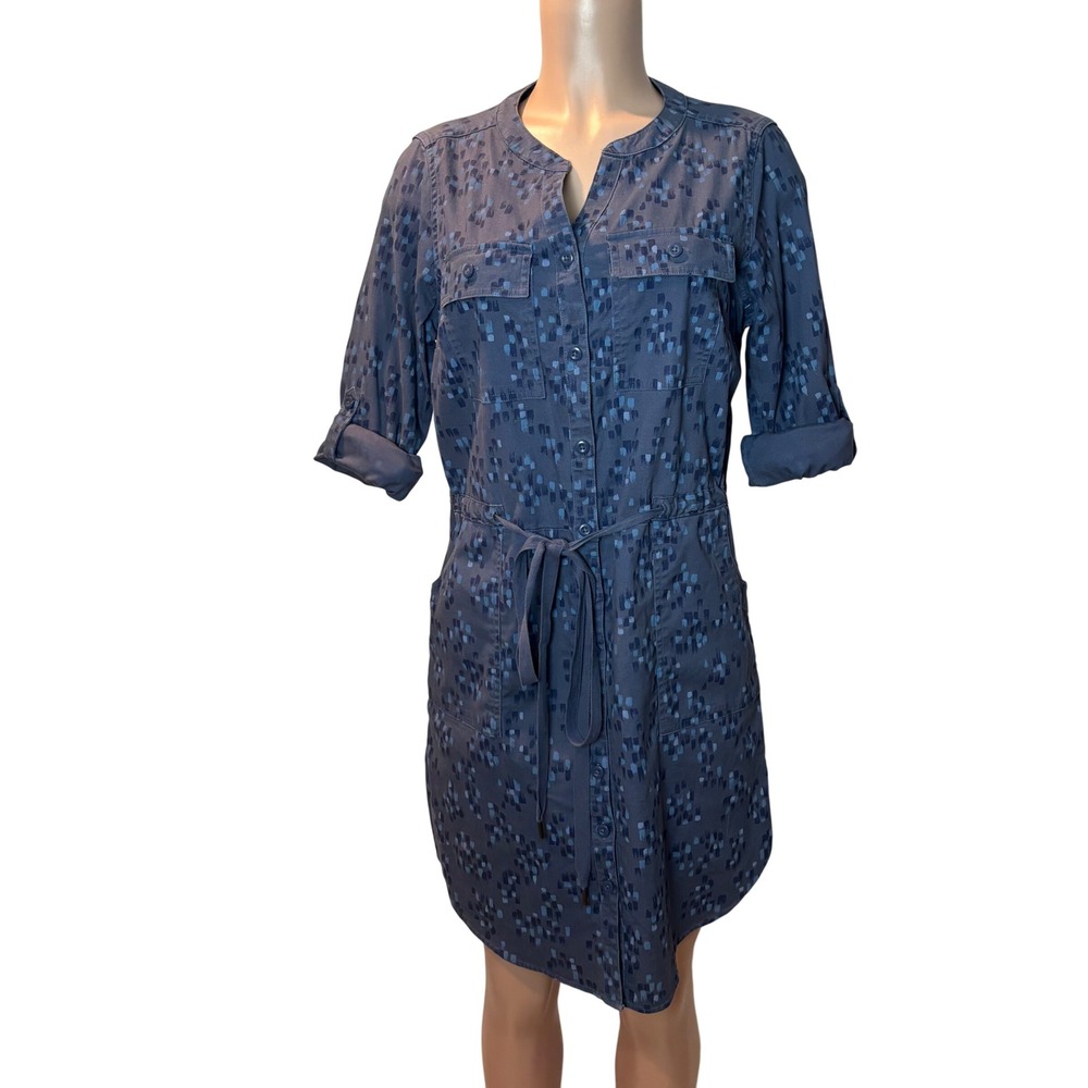 LL Bean Shirt Dress Blue Button Front Drawstring Waist Pockets Small Classic